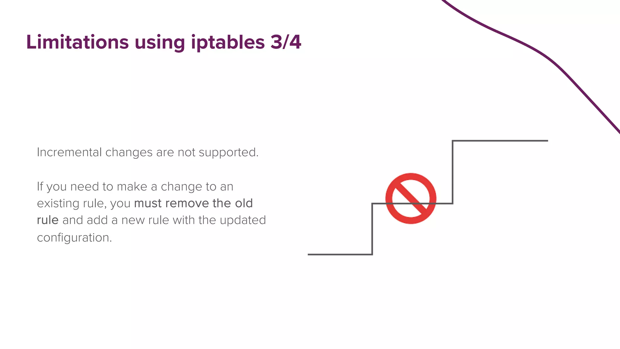 Incremental changes are not supported.
If you need to make a change to an
existing rule, you must remove the old
rule and add a new rule with the updated
configuration.
Limitations using iptables 3/4
 