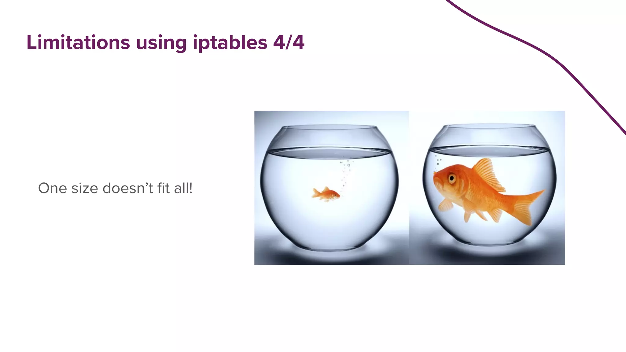 One size doesn’t fit all!
Limitations using iptables 4/4
 