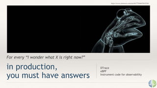 For every “I wonder what X is right now?”
in production,
you must have answers
DTrace
eBPF
Instrument code for observability
https://www.pinterest.com/pin/441775044670412234/
 