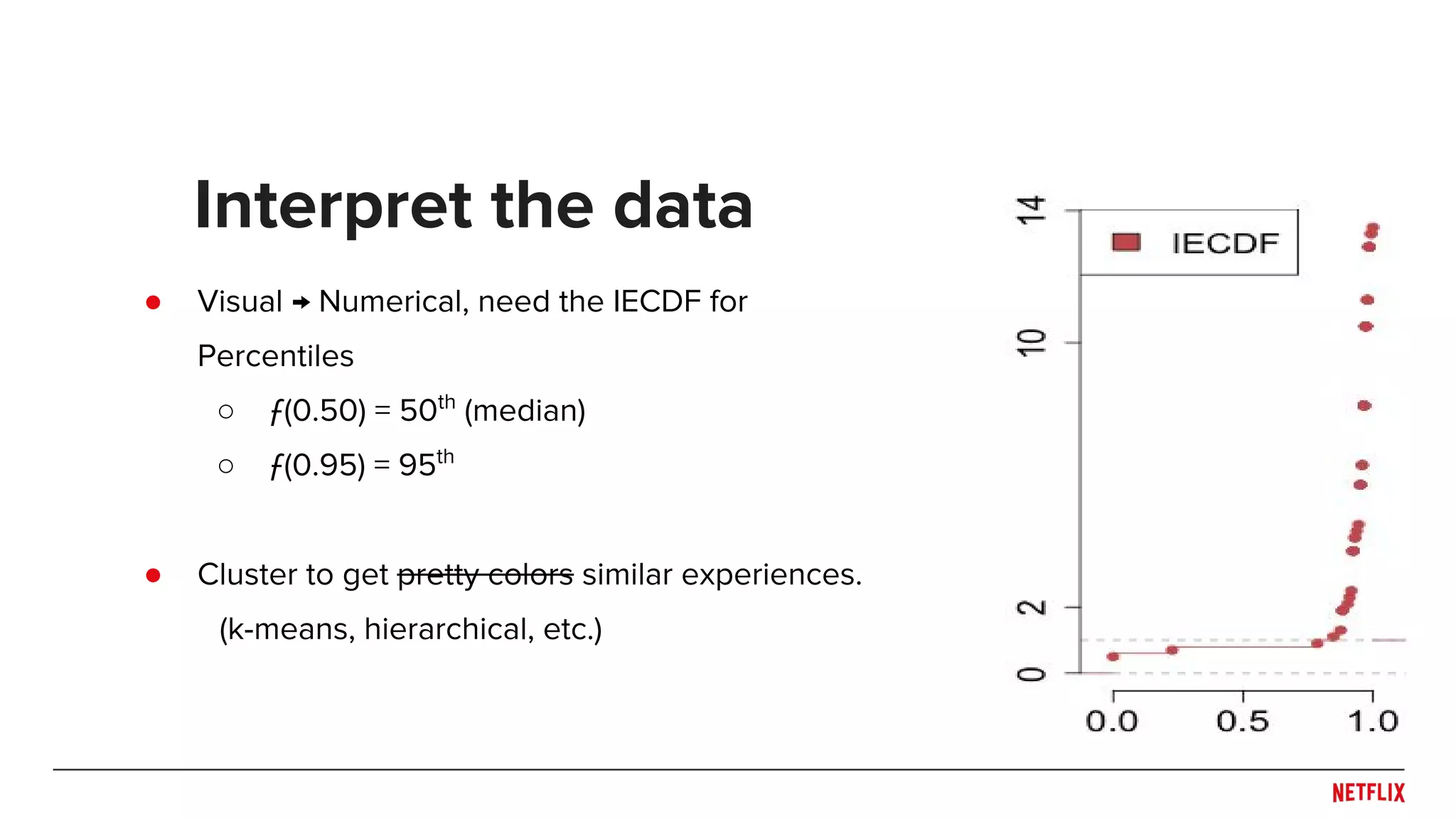 ● Visual → Numerical, need the IECDF for
Percentiles
○ ƒ(0.50) = 50th
(median)
○ ƒ(0.95) = 95th
● Cluster to get pretty colors similar experiences.
(k-means, hierarchical, etc.)
Interpret the data
 