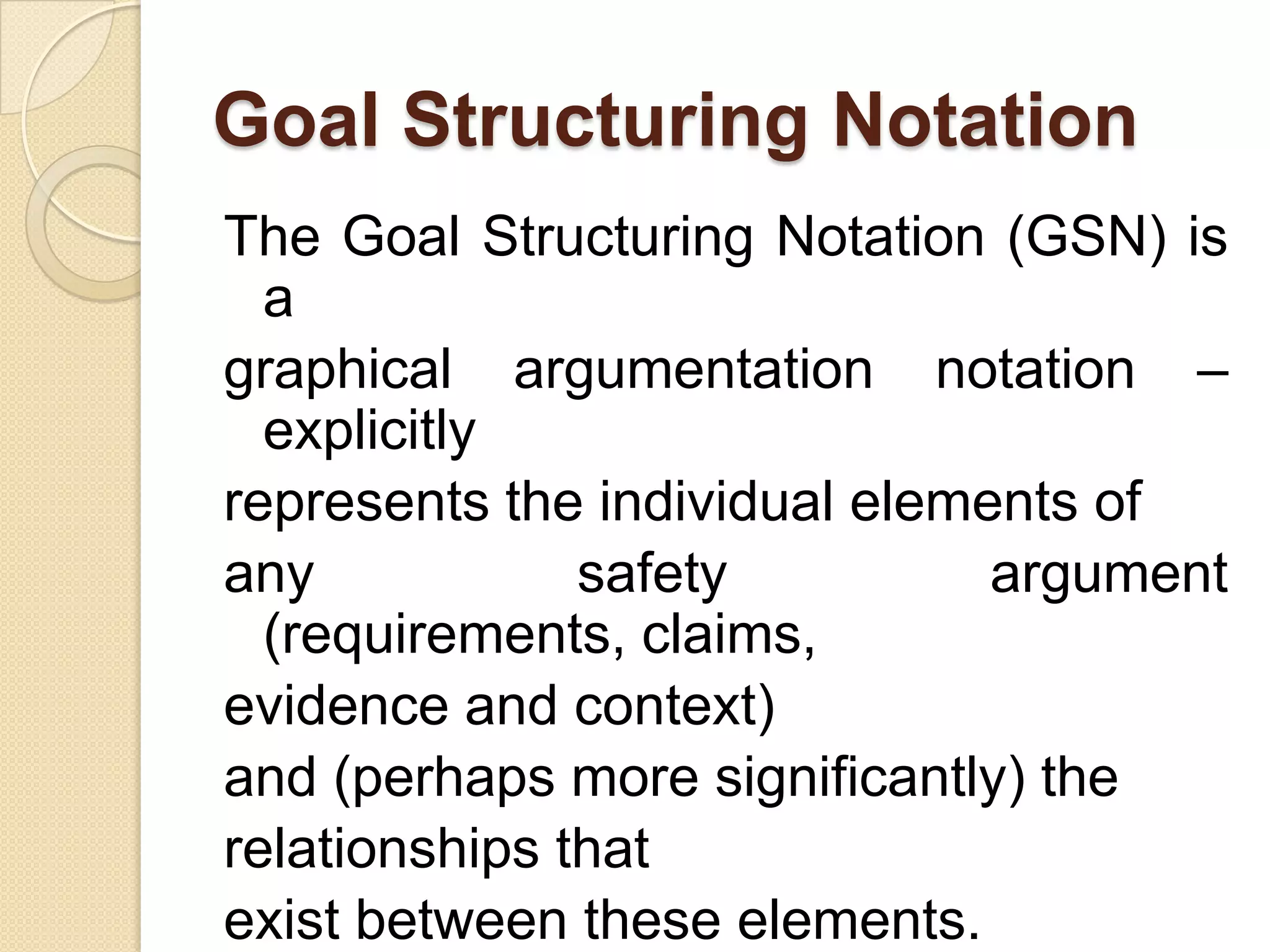 Goal Structuring Notation
The Goal Structuring Notation (GSN) is
a
graphical argumentation notation –
explicitly
represents the individual elements of
any
safety
argument
(requirements, claims,
evidence and context)
and (perhaps more significantly) the
relationships that
exist between these elements.

 