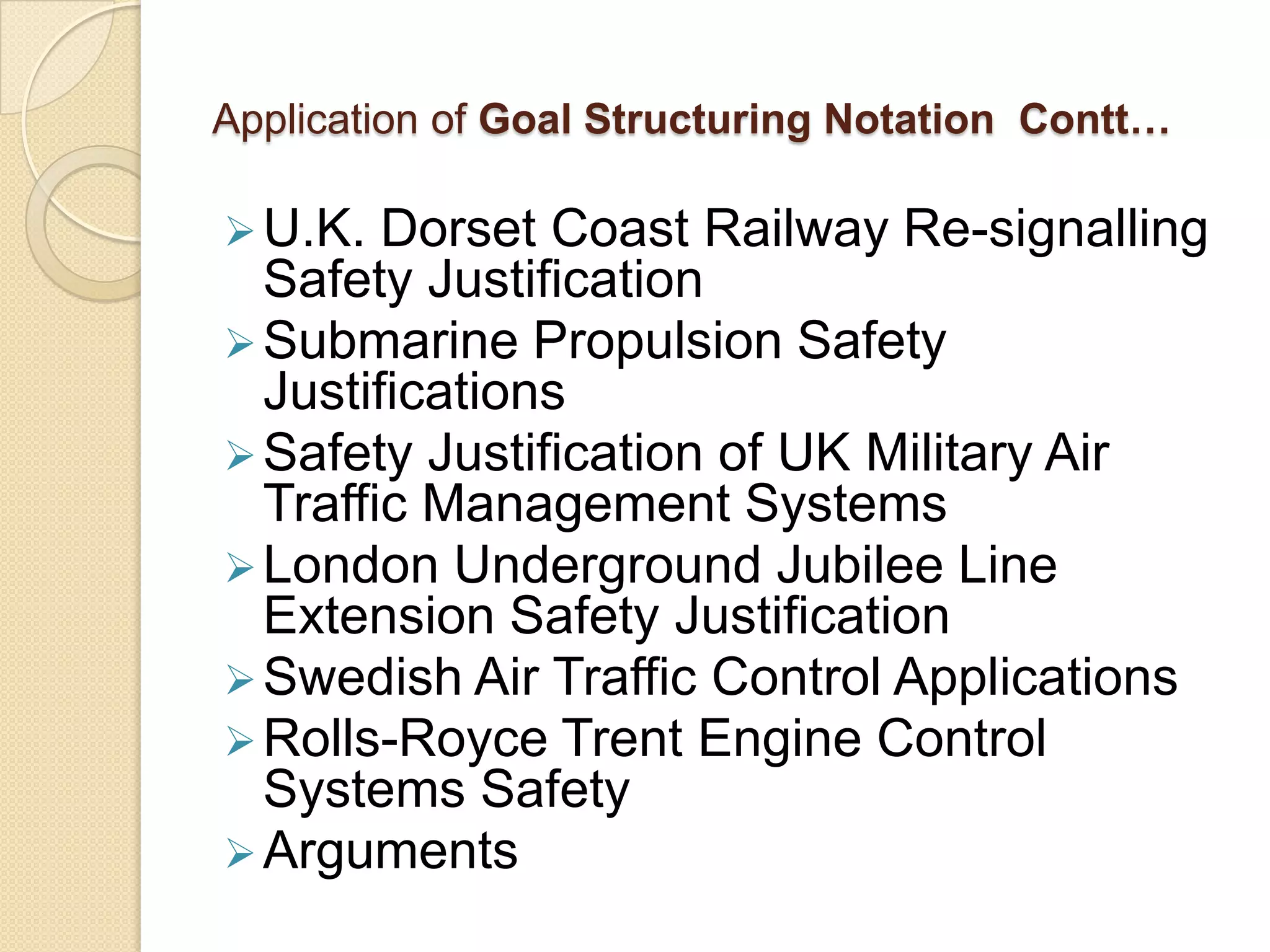 Application of Goal Structuring Notation Contt…
 U.K.

Dorset Coast Railway Re-signalling
Safety Justification
 Submarine Propulsion Safety
Justifications
 Safety Justification of UK Military Air
Traffic Management Systems
 London Underground Jubilee Line
Extension Safety Justification
 Swedish Air Traffic Control Applications
 Rolls-Royce Trent Engine Control
Systems Safety
 Arguments

 