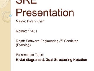 SRE
Presentation
Name: Imran Khan
RollNo: 11431
Deptt: Software Engineering 5th Semister
(Evening)
Presentaion Topic:
Kiviat diagrams & Goal Structuring Notation

 