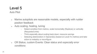 26
● Marine autopilots are reasonable models, especially with rudder
position feedback
● Auto scaling, healing, tuning
○ Detect condition from metrics, scale horizontally (Replicas) or vertically
(Requests/Limits)
○ Think especially about scaling back down; resource savings
○ Detecting deterioration in Operand(s) (based on Level 4’s metrics) and take
action to redeploy or reconfigure
● CR Status, custom Events: Clear status and especially error
conditions
Level 5
Auto Pilot
 
