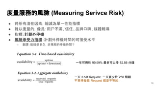 度量服務的風險 (Measuring Serivce Risk)
● 將所有淺在因素，縮減為單一性能指標
● 難以度量的，像是：用戶不滿、信任、品牌口碑、媒體報導
● 指標：計劃外停機
● 風險承受力指標：計劃外停機時間的可接受水平
○ 翻譯：能接受多久，非預期的停機時間？
16
一天 2.5M Request，一天要少於 250 個錯
不見得每個 Request 都是平等的
一年可用性 99.99% 最多可以停 52.56 分鐘
 