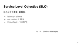 服務品質目標值、範圍值：
● latency < 500ms
● error rate < 1 RPS
● throughput > 100 RPS
Service Level Objective (SLO)
31
ITIL: SLT (Service Level Target)
 