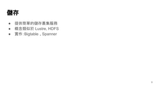 儲存
9
● 提供簡單的儲存叢集服務
● 概念類似於 Lustre, HDFS
● 實作：Bigtable 、Spanner
 