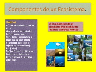Componentes de un Ecosistema .  Hábitat :  Es una determinada zona de tierra  Que presenta determinados factores como: agua,  Aire, suelo, temperatura o rocas que la hace propia  Y adecuada para que se desarrollen determinados  Seres vivos.  Los seres vivos necesitan un hábitat para sobrevivir,  Pero también se necesitan entre ellos.  En el componente de un ecosistema encontramos dos factores:  El abiótico y Biótico.  
