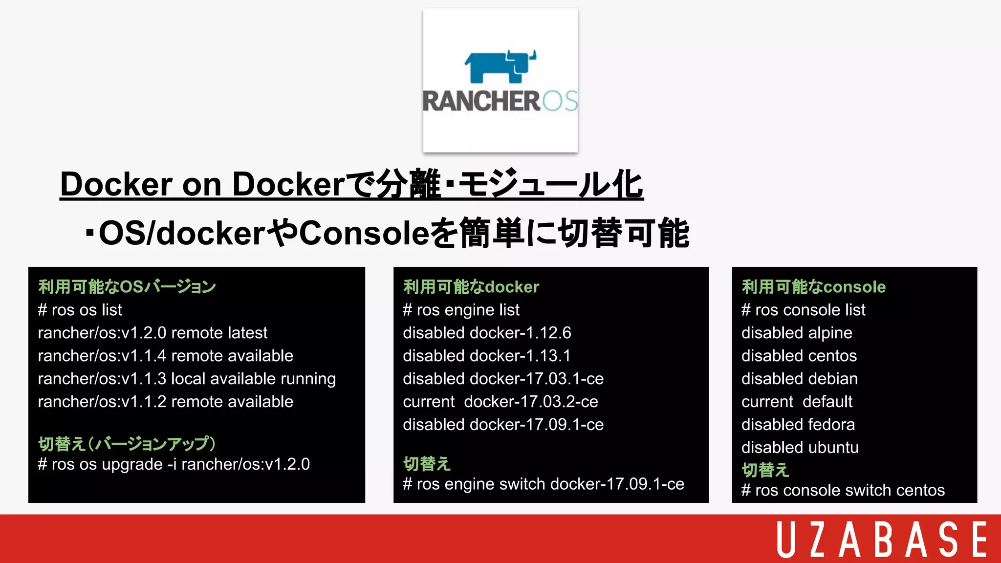 Docker on Dockerで分離・モジュール化
　・OS/dockerやConsoleを簡単に切替可能
利用可能なdocker
# ros engine list
disabled docker-1.12.6
disabled docker-1.13.1
disabled docker-17.03.1-ce
current docker-17.03.2-ce
disabled docker-17.09.1-ce
切替え
# ros engine switch docker-17.09.1-ce
利用可能なconsole
# ros console list
disabled alpine
disabled centos
disabled debian
current default
disabled fedora
disabled ubuntu
切替え
# ros console switch centos
利用可能なOSバージョン
# ros os list
rancher/os:v1.2.0 remote latest
rancher/os:v1.1.4 remote available
rancher/os:v1.1.3 local available running
rancher/os:v1.1.2 remote available
切替え（バージョンアップ）
# ros os upgrade -i rancher/os:v1.2.0
 