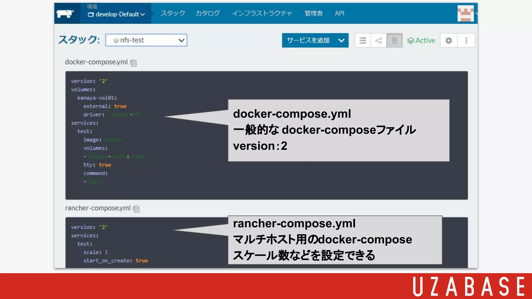 docker-compose.yml
一般的な docker-composeファイル
version：2
rancher-compose.yml
マルチホスト用のdocker-compose
スケール数などを設定できる
 