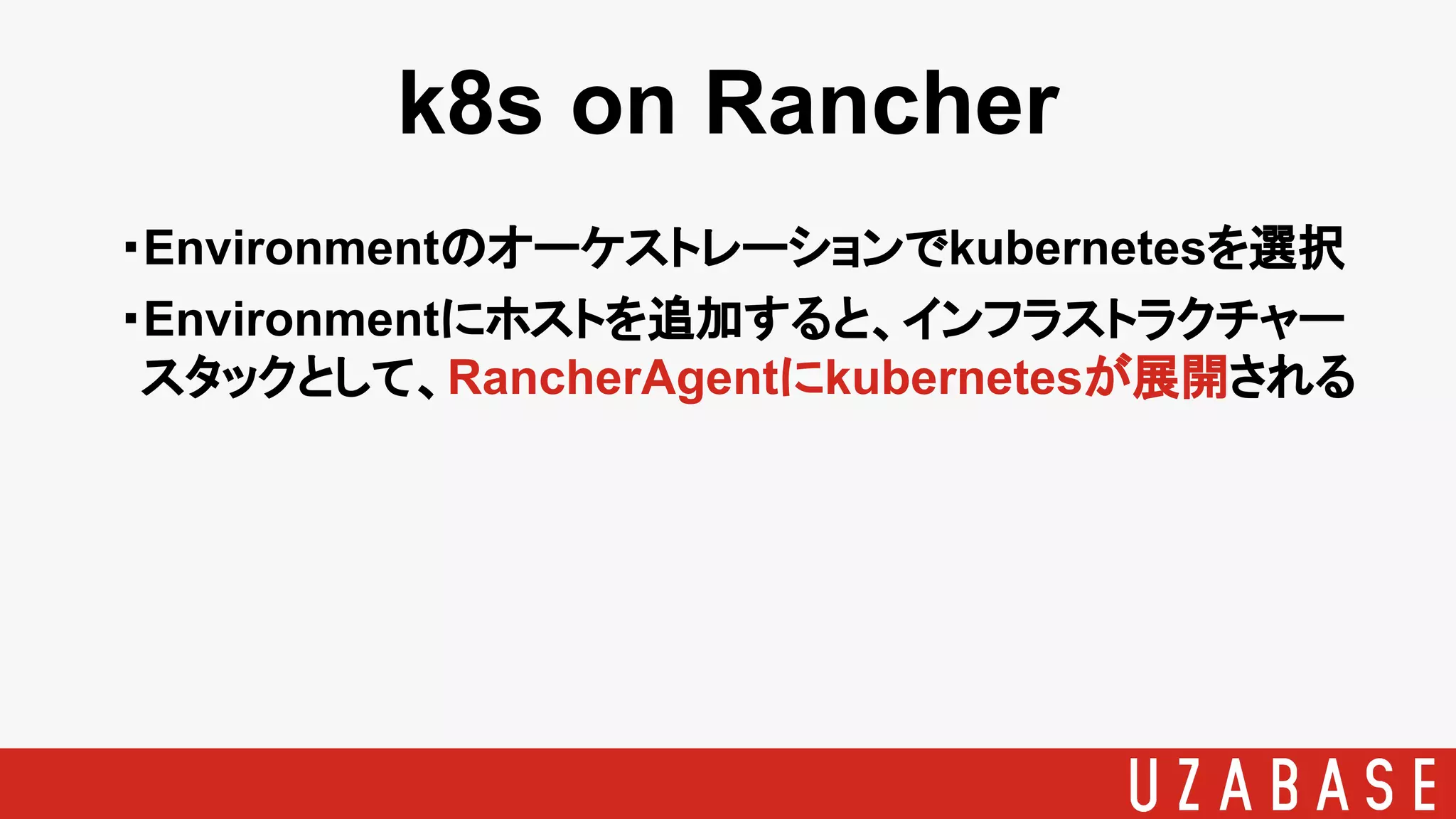 k8s on Rancher
・Environmentのオーケストレーションでkubernetesを選択
・Environmentにホストを追加すると、インフラストラクチャー
スタックとして、RancherAgentにkubernetesが展開される
 