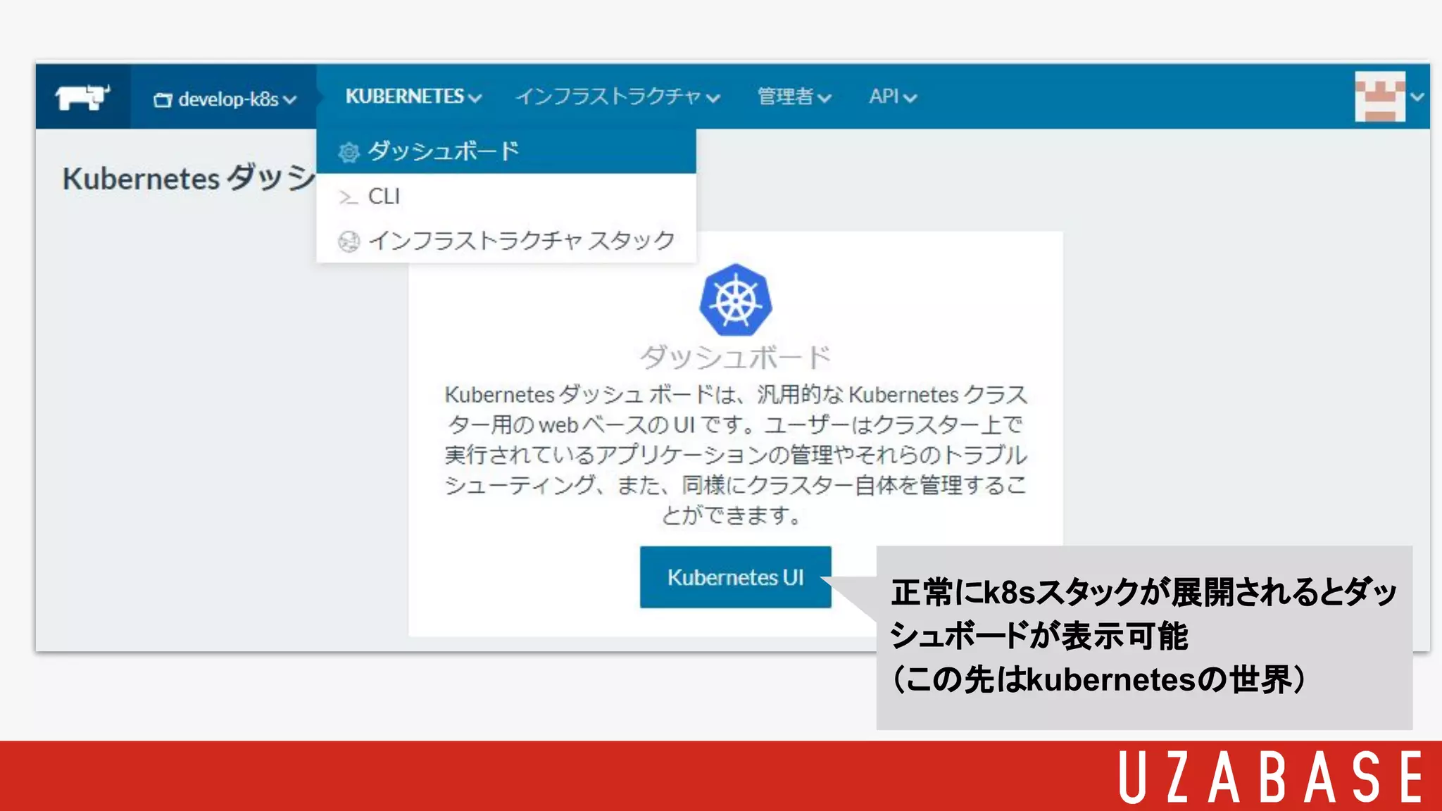 正常にk8sスタックが展開されるとダッ
シュボードが表示可能
（この先はkubernetesの世界）
 