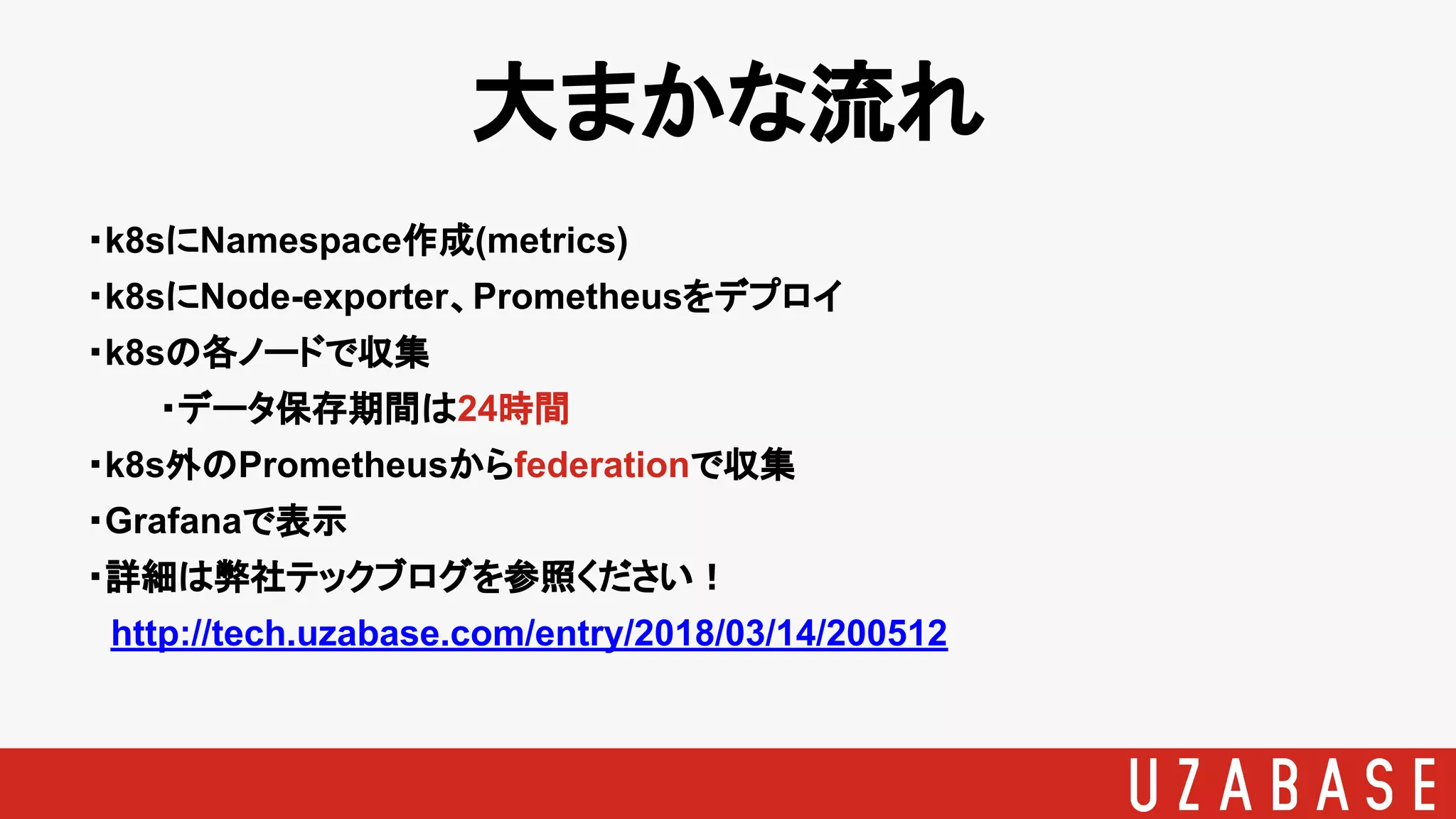 大まかな流れ
・k8sにNamespace作成(metrics)
・k8sにNode-exporter、Prometheusをデプロイ
・k8sの各ノードで収集
・データ保存期間は24時間
・k8s外のPrometheusからfederationで収集
・Grafanaで表示
・詳細は弊社テックブログを参照ください！
　http://tech.uzabase.com/entry/2018/03/14/200512
 