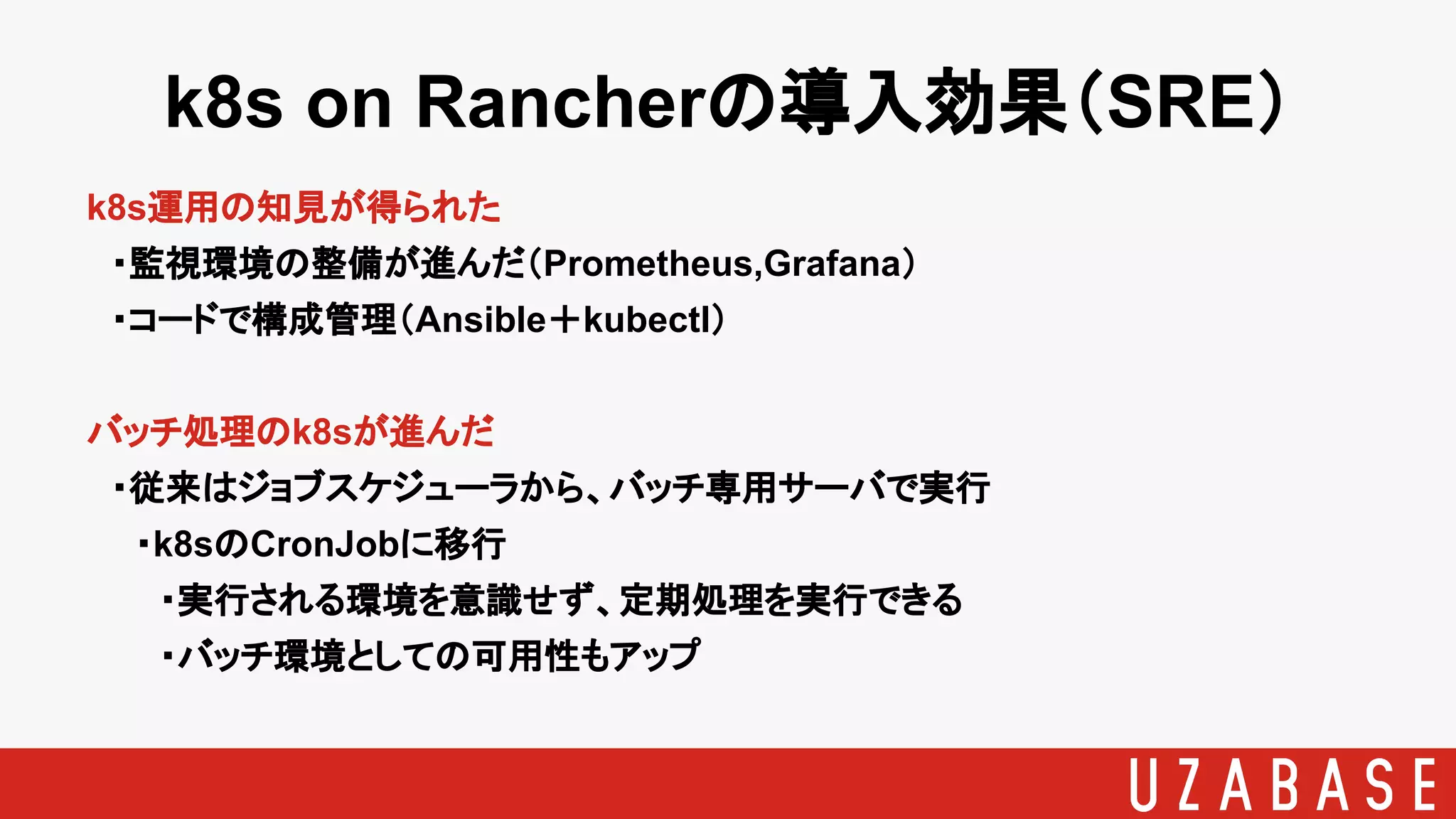 k8s on Rancherの導入効果（SRE）
k8s運用の知見が得られた
　・監視環境の整備が進んだ（Prometheus,Grafana）
　・コードで構成管理（Ansible＋kubectl）
バッチ処理のk8sが進んだ
　・従来はジョブスケジューラから、バッチ専用サーバで実行
　　・k8sのCronJobに移行
　　　・実行される環境を意識せず、定期処理を実行できる
　　　・バッチ環境としての可用性もアップ
 