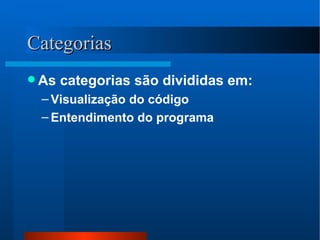 Categorias As categorias são divididas em: Visualização do código Entendimento do programa 