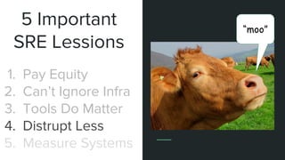 5 Important
SRE Lessions
1. Pay Equity
2. Can’t Ignore Infra
3. Tools Do Matter
4. Distrupt Less
5. Measure Systems
“moo”
 