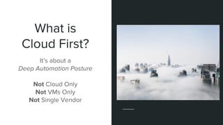 What is
Cloud First?
It’s about a
Deep Automation Posture
Not Cloud Only
Not VMs Only
Not Single Vendor
 