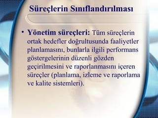Süreçlerin Sınıflandırılması
• Yönetim süreçleri: Tüm süreçlerin
ortak hedefler doğrultusunda faaliyetler
planlamasını, bunlarla ilgili performans
göstergelerinin düzenli gözden
geçirilmesini ve raporlanmasını içeren
süreçler (planlama, izleme ve raporlama
ve kalite sistemleri).
 