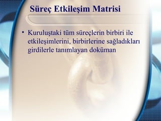 Süreç Etkileşim Matrisi
• Kuruluştaki tüm süreçlerin birbiri ile
etkileşimlerini, birbirlerine sağladıkları
girdilerle tanımlayan doküman
 