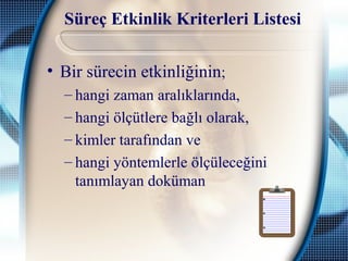 Süreç Etkinlik Kriterleri Listesi
• Bir sürecin etkinliğinin;
– hangi zaman aralıklarında,
– hangi ölçütlere bağlı olarak,
– kimler tarafından ve
– hangi yöntemlerle ölçüleceğini
tanımlayan doküman
 