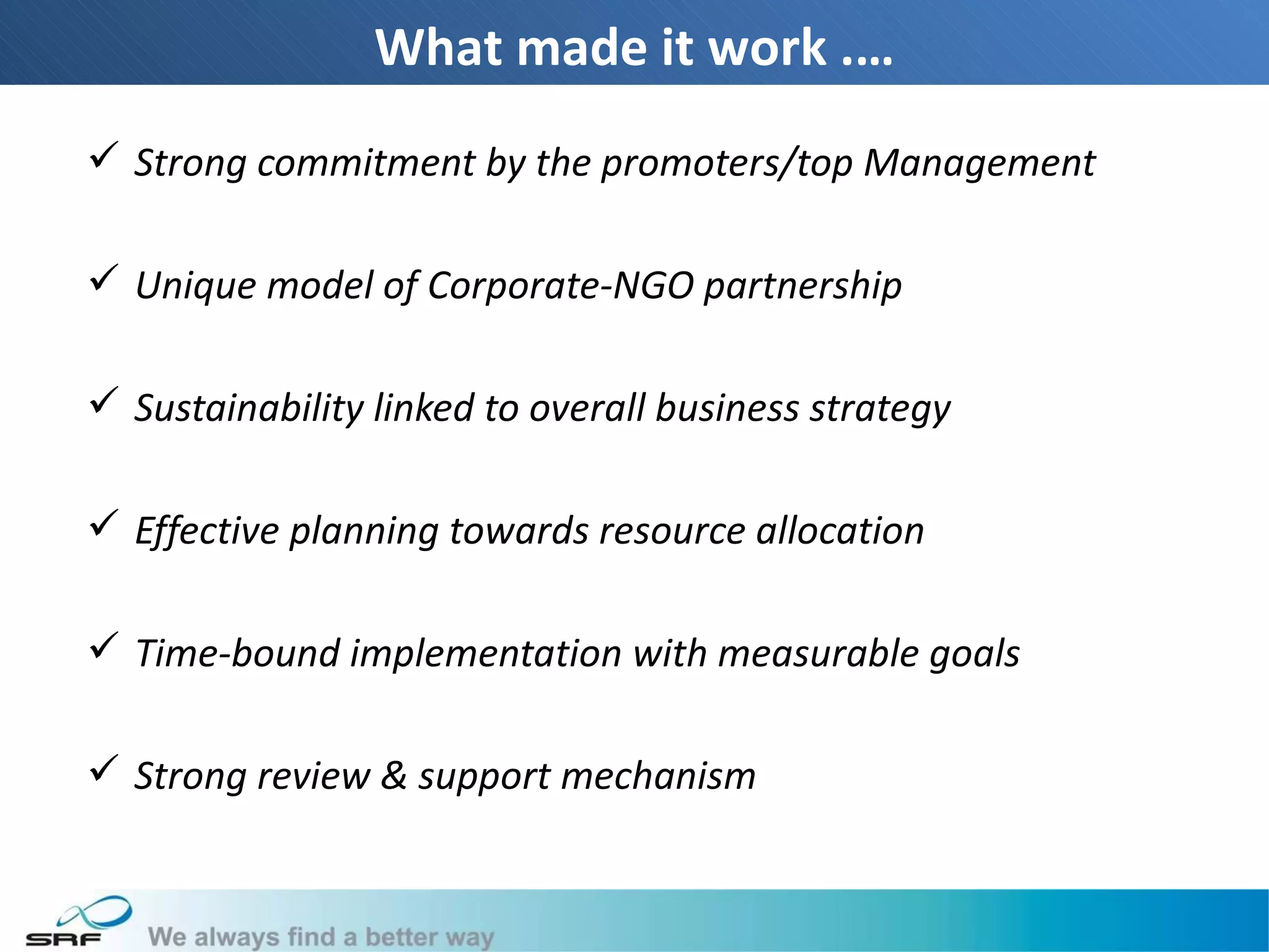 What made it work .…
 Strong commitment by the promoters/top Management

 Unique model of Corporate-NGO partnership

 Sustainability linked to overall business strategy

 Effective planning towards resource allocation

 Time-bound implementation with measurable goals

 Strong review & support mechanism
 