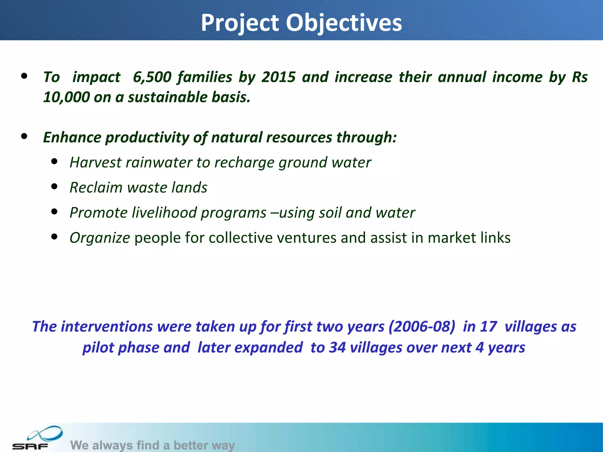 Project Objectives
• To impact 6,500 families by 2015 and increase their annual income by Rs
  10,000 on a sustainable basis.

• Enhance productivity of natural resources through:
   • Harvest rainwater to recharge ground water
   • Reclaim waste lands
   • Promote livelihood programs –using soil and water
   • Organize people for collective ventures and assist in market links




 The interventions were taken up for first two years (2006-08) in 17 villages as
        pilot phase and later expanded to 34 villages over next 4 years




                                                                                   9
 