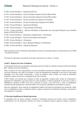 Manual de Orientação do eSocial – Versão 1.1
S-1300 - Eventos Periódicos – Pagamentos Diversos
S-1310 - Eventos Periódicos – Serviços Tomados mediante Cessão de Mão de Obra
S-1320 - Eventos Periódicos – Serviços Prestados mediante Cessão de Mão de Obra
S-1330 - Eventos Periódicos – Serviços Tomados de Cooperativa de Trabalho
S-1340 - Eventos Periódicos – Serviços Prestados pela Cooperativa de Trabalho
S-1350 - Eventos Periódicos – Aquisição de Produção
S-1360 - Eventos Periódicos – Comercialização da Produção
S-1370 - Eventos Periódicos – Recursos Recebidos ou Repassados para Associação Desportiva que mantenha
equipe de Futebol Profissional
S-1380 - Eventos Periódicos – Informações complementares – Desoneração
S-1390 - Eventos Periódicos – Receita de Atividades Concomitantes
S-1399 – Eventos Periódicos – Fechamento
S-1400 - Eventos Periódicos – Bases, Retenção, Deduções e Contribuições
S-1800 – Eventos Periódicos – Espetáculo Desportivo
Para exclusão de eventos transmitidos indevidamente, deverá ser transmitido arquivo no leiaute previsto em S-2900
– Exclusão de Eventos.
Os leiautes de cada arquivo mencionados neste tópico estão descritos no Anexo I – Leiautes.

2.6 RET – Registro de Eventos Trabalhistas
As informações dos Eventos não periódicos alimentarão uma base de dados no ambiente nacional do eSocial denominada
RET – Registro de Eventos Trabalhistas.
Todos os arquivos de eventos não periódicos, ao serem transmitidos, passarão por validação e somente serão aceitos se
estiverem consistentes com o RET. Por exemplo, o evento de desligamento de empregado só será aceito se, para aquele
empregado, tiver sido enviado anteriormente, o evento de admissão. Outro exemplo, um evento de afastamento
temporário somente será aceito se o empregado já não estiver afastado.
O RET também será utilizado para validação da folha de pagamento, composta pelos eventos de remuneração e
pagamento dos trabalhadores, que fazem parte dos eventos periódicos. A folha de pagamento só será aceita se todos os
trabalhadores constantes no RET como ativos constarem na mesma e, por outro lado, se todos os trabalhadores
constantes da folha de pagamento constarem no RET, com exceção dos trabalhadores não obrigados ao registro.
Além dos empregados, outras categorias de trabalhadores também serão objeto de informações que alimentarão o RET,
como os trabalhadores avulsos, os dirigentes sindicais e algumas categorias de contribuintes individuais, como diretores
não empregados e cooperados.

2.7 Descrição Simplificada do Modelo Operacional
O empregador gera um arquivo eletrônico contendo as informações previstas nos leiautes, assina-o digitalmente,
transformando-o em um documento eletrônico nos termos da legislação brasileira vigente de maneira a garantir a
11/207

 