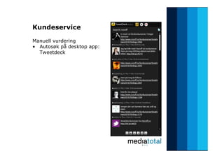 Kundeservice <ul><li>Manuell vurdering </li></ul><ul><li>Autosøk på desktop app:  </li></ul><ul><li>Tweetdeck </li></ul>