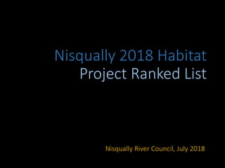 Nisqually 2018 Habitat
Project Ranked List
Nisqually River Council, July 2018
 