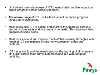Limited and inconsistent use of ICT means that it has little impact on pupils’ progress across curriculum areas. The narrow range of ICT use limits its impact on pupils’ progress across curriculum areas.   Many pupils use ICT to extend and improve their learning across a few curriculum areas and in a range of contexts.  This improves their progress in some areas. Most pupils extend and improve much of their learning through a wide range of ICT experiences across many curriculum areas and contexts. ICT has a visible and frequent impact on the learning of all, or nearly all, pupils across most curriculum areas and in a wide range of contexts. 