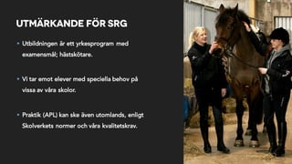 Utmärkande för SRG
§ Utbildningen är ett yrkesprogram med
examensmål; hästskötare.
§ Vi tar emot elever med speciella behov på
vissa av våra skolor.
§ Praktik (APL) kan ske även utomlands, enligt
Skolverkets normer och våra kvalitetskrav.
 