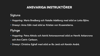AnsvarigA instruktörer
Sigtuna
§ Hoppning: Maria Bredberg och Natalie Adelborg med stöd av Lotta Björe.
§ Dressyr: Anna Edin med stöd av Kristian von Krusenstierna.
Flyinge
§ Hoppning: Petra Aittola och Astrid Antonssonmed stöd av Henrik Ankarcrona
och Ann-Catrin Carlsson.
§ Dressyr: Christina Eghall med stöd av Bo Jenå och Kerstin André.
 