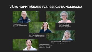 Våra hopptränarei Varberg & Kungsbacka
Catarina Forsberg
SRL III & B-tränare
hoppning, Kungsbacka
Nina Sturesson
SLR III & C-tränare dressyr,
Varberg
JenniferÅkerman
SLR III & C-tränare hoppning,
dressyr & fälttävlan, Varberg
Johanna Johansson,
Hippolog, hoppning och
hästämnen, Varberg
Ida Johansson, SRL III, hoppning och
hästämnen, Kungsbacka
 