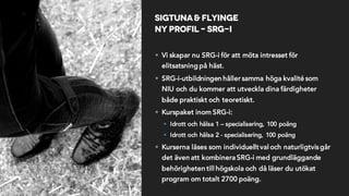 Sigtuna& Flyinge
Ny profil – SRG-i
§ Vi skapar nu SRG-i för att möta intresset för
elitsatsning på häst.
§ SRG-i-utbildningen håller samma höga kvalité som
NIU och du kommer att utveckla dina färdigheter
både praktiskt och teoretiskt.
§ Kurspaket inom SRG-i:
§ Idrott och hälsa 1 – specialisering, 100 poäng
§ Idrott och hälsa 2 - specialisering, 100 poäng
§ Kurserna läses som individuellt val och naturligtvisgår
det även att kombinera SRG-i med grundläggande
behörigheten till högskola och då läser du utökat
program om totalt 2700 poäng.
 