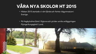 Våra nya skolor ht 2015
§ Hösten 2015 startade vi vårt fjärde och femte ridgymnasiumi
Sverige.
§ På Hagbyholms Gård i Sigtuna och på den anrika anläggningen
Flyinge Kungsgård i Lund.
 