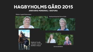 Hagbyholms Gård 2015
Rektor Ingela Robertsson
Verksamhetschef Anna Edin
Stallchef Cecilia
Juliusson med vår
skolhäst Unique
Ansvarig personal i Sigtuna
Emma & Marie
 