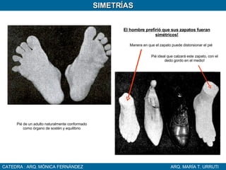 CATEDRA : ARQ. MÓNICA FERNÁNDEZ ARQ. MARÍA T. URRUTI SIMETRÍAS Pié de un adulto naturalmente conformado como órgano de sostén y equilibrio Manera en que el zapato puede distorsionar el pié Pié ideal que calzará este zapato, con el dedo gordo en el medio! El hombre prefirió que sus zapatos fueran simétricos! 