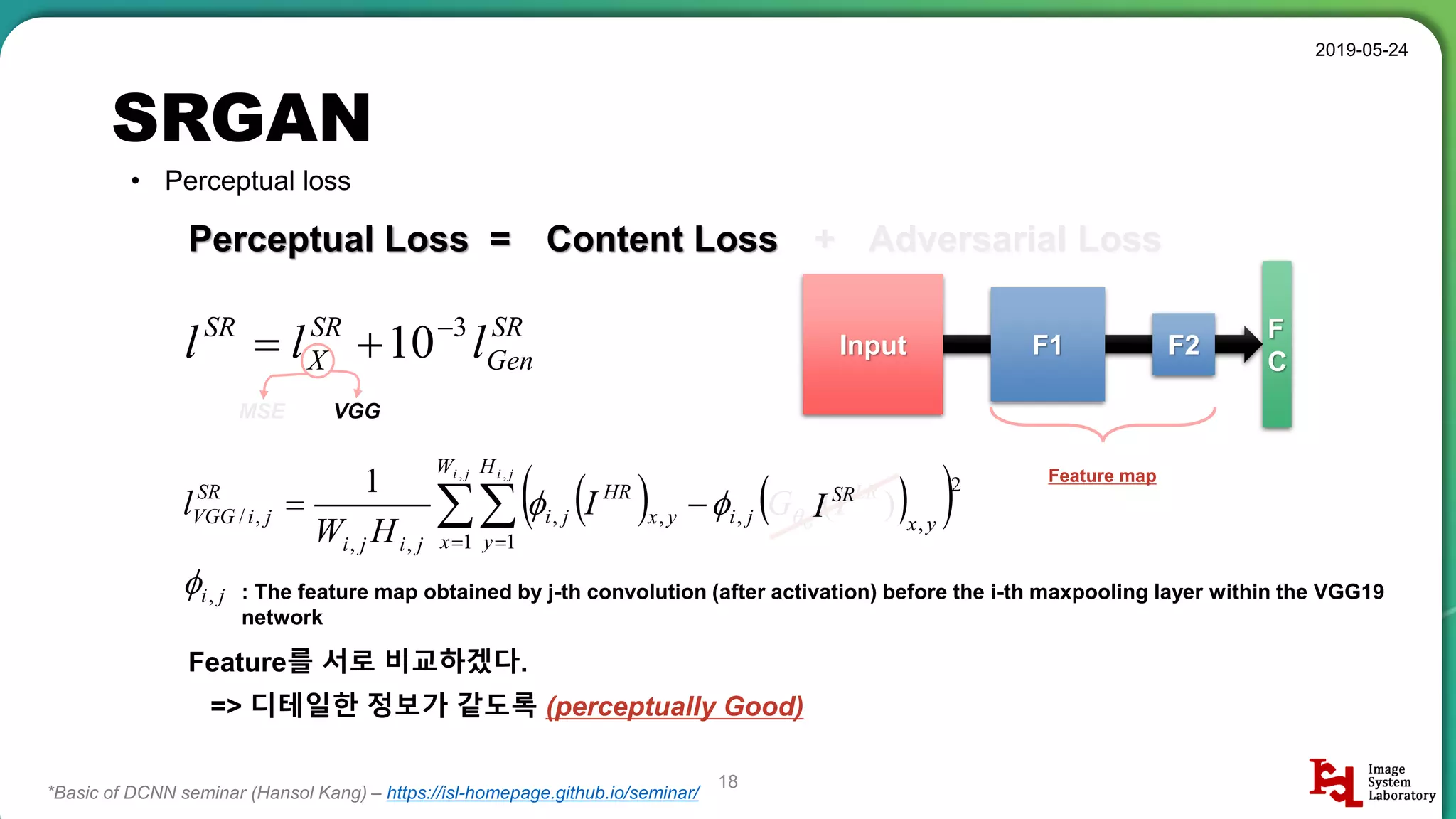 SRGAN
2019-05-24
18
• Perceptual loss
Perceptual Loss =
SR
Gen
SR
X
SR
lll 3
10

Content Loss + Adversarial Loss
MSE VGG
: The feature map obtained by j-th convolution (after activation) before the i-th maxpooling layer within the VGG19
network
     

ji ji
G
W
x
H
y
yx
LR
jiyx
HR
ji
jiji
SR
jiVGG IGI
HW
l
, ,
1 1
2
,,,,
,,
,/ )(
1

ji,
*Basic of DCNN seminar (Hansol Kang) – https://isl-homepage.github.io/seminar/
Feature를 서로 비교하겠다.
=> 디테일한 정보가 같도록 (perceptually Good)
Input F1 F2
F
C
Feature map
SR
I
 