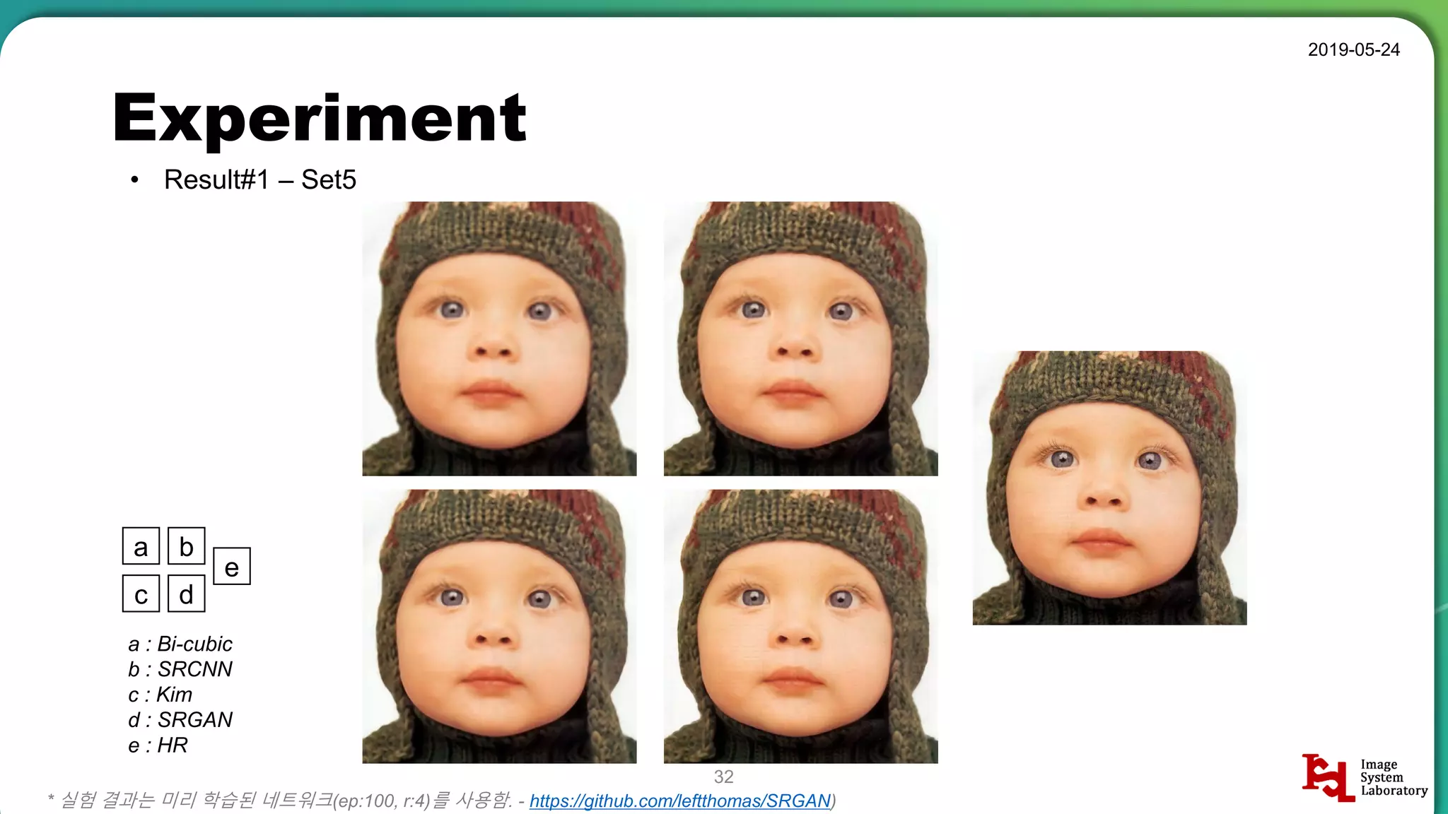 Experiment
• Result#1 – Set5
2019-05-24
32
* 실험 결과는 미리 학습된 네트워크(ep:100, r:4)를 사용함. - https://github.com/leftthomas/SRGAN)
a b
c d
e
a : Bi-cubic
b : SRCNN
c : Kim
d : SRGAN
e : HR
 