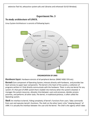 17
extensive Tool kit, exhaustive system calls and Libraries and enhanced GUI (X Window).
Experiment No. 3
To study architecture of LINUX.
Linux System Architecture is consists of following layers:
ORGANIZATION OF UNIX
Hardware layer: Hardware consists of all peripheral devices (RAM/ HDD/ CPU etc).
Kernel:Core component of Operating System, interacts directly with hardware, and provides low
level services to upper layer components. The kernel is the heart of the system, a collection of
programs written in C that directly communicate with the hardware. There is only one kernel for any
system. It's that part of UNIX system that is loaded into memory when the system is booted. It
manages the system resources, allocates time between users and processes, decides process
priorities, and performs all other tasks. The kernel, in traditional parlance, is often called the
Operating system.
Shell: An interface to kernel, hiding complexity of kernel's functions from users. Takes commands
from user and executes kernel's functions. The shell, on the other hand, is the "sleeping beauty" of
UNIX. It is actually the interface between the user and the kernel. The shell is the agency which takes
 
