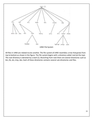 40
UNIX File System
All files in UNIX are related to one another. The file system of UNIX resembles a tree that grows from
top to bottom as shown in the figure. The file system begins with a directory called root (at the top).
The root directory is denoted by a slash (). Branching from root there are several directories such as
bin, lib, etc, tmp, dev. Each of these directories contains several sub-directories and files.
 