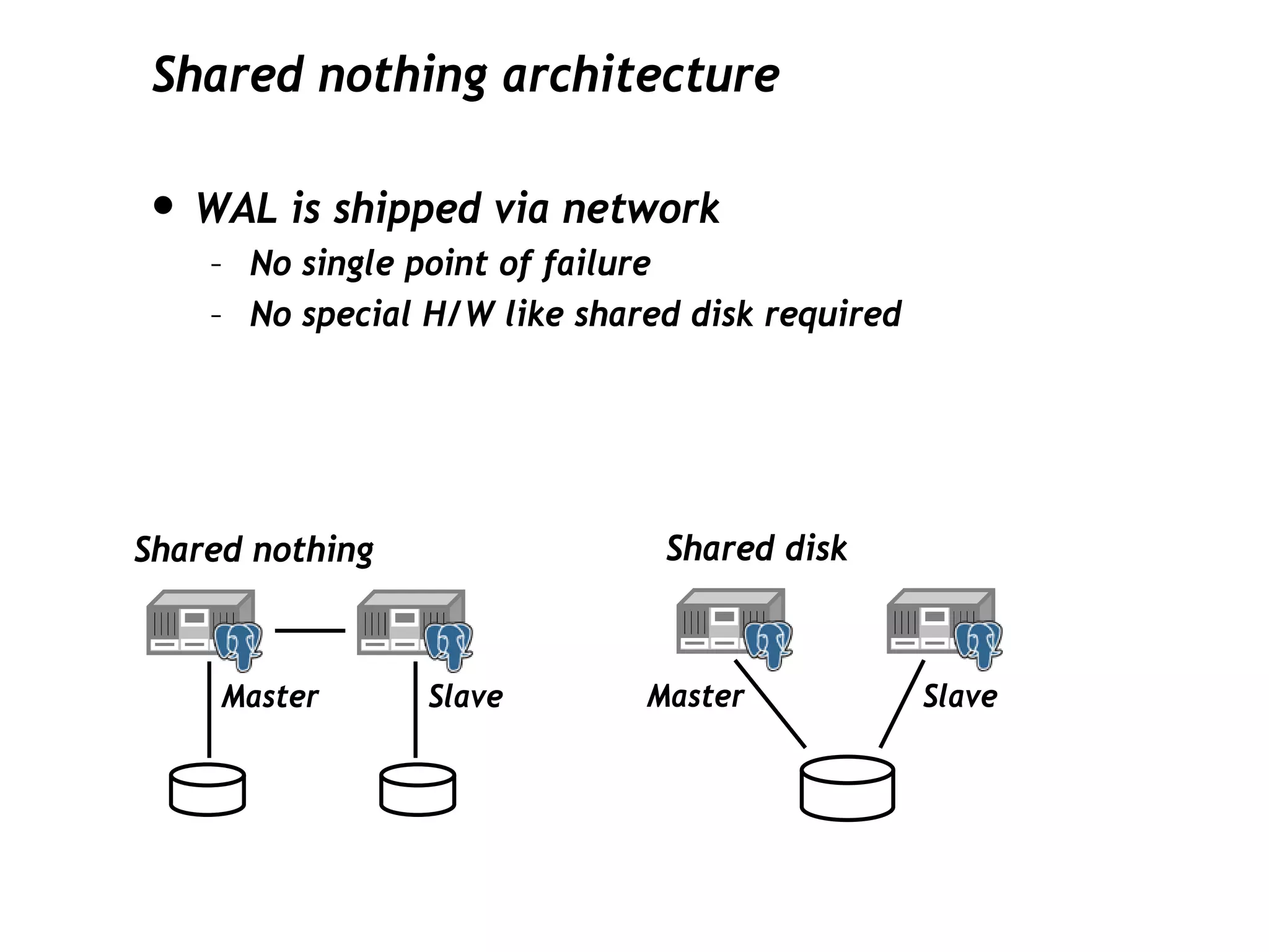 Shared nothing architecture

• WAL is shipped via network
    – No single point of failure
    – No special H/W like shared disk required




Shared nothing                 Shared disk



     Master      Slave        Master             Slave
 