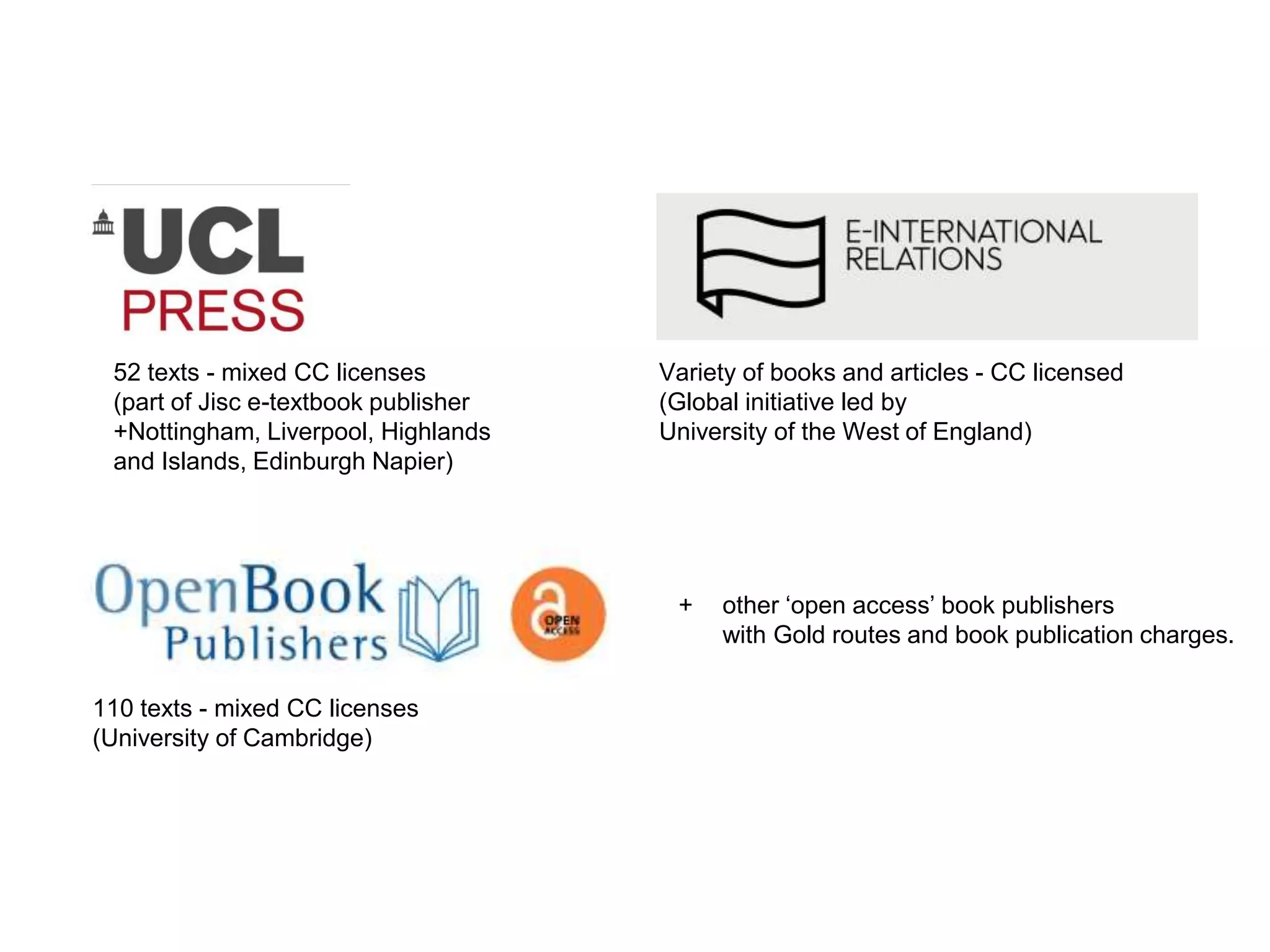 52 texts - mixed CC licenses
(part of Jisc e-textbook publisher
+Nottingham, Liverpool, Highlands
and Islands, Edinburgh Napier)
110 texts - mixed CC licenses
(University of Cambridge)
Variety of books and articles - CC licensed
(Global initiative led by
University of the West of England)
+ other ‘open access’ book publishers
with Gold routes and book publication charges.
 
