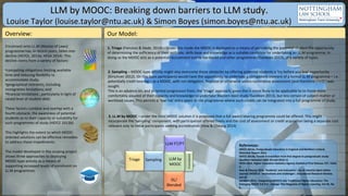 LLM by MOOC: Breaking down barriers to LLM study.LLM by MOOC: Breaking down barriers to LLM study.
Louise Taylor (louise.taylor@ntu.ac.uk) & Simon Boyes (simon.boyes@ntu.ac.uk)Louise Taylor (louise.taylor@ntu.ac.uk) & Simon Boyes (simon.boyes@ntu.ac.uk)
Our Model:
1. Triage (Painsloo & Slade, 2014) – Under this mode the MOOC is deployed as a means of permitting the potential student the opportunity
of determining the sufficiency of their aptitude, skills-base and knowledge as a suitable candidate for undertaking an LL.M programme. In
doing so the MOOC acts as a potential recruitment tool to fee-based and other programmes (Sandeen 2013), of a variety of types.
2. Sampling – MOOC-type activity might also overcome these obstacles by offering potential students a ‘try before you buy’ opportunity
(Kirschner 2012). On this basis participants would have the opportunity to undertake a component element of a formal LL.M programme – i.e.
potentially credit bearing – as a MOOC, with not obligation, financial or otherwise unless summative assessment (and therefore credit) was
sought.
This is an advance on, and potential progression from, the ‘triage’ approach, given this is more likely to be applicable to to those more
comfortably assured of their capacity and knowledge to undertake Masters level study (Sandeen 2013), but less certain of subject matter or
workload issues. This permits a ‘low risk’ entry point to the programme where such credits can be integrated into a full programme of study.
3. LL.M by MOOC – under the third MOOC solution it is proposed that a full award bearing programme could be offered. This might
incorporate the ‘sampling’ component, with participation offered freely and the cost of assessment or credit acquisition being a separate cost
relevant only to those participants seeking accreditation (Hew & Cheung 2014)
LLM by
MOOC
SamplingTriage
DL/
Blended
LLM FT/PT
Overview:
Enrolment onto LL.M (Master of Laws)
programme has, in recent years, fallen into
decline (HEFCE, 2013a; HESA 2014). This
decline stems from a variety of factors:
•competing obligations limiting available
time and reducing flexibility to
accommodate study;
•geographical restraints, including
immigration limitations; and
•financial limitations , particularly in light of
raised level of student debt.
These factors combine and overlap with a
fourth obstacle, the awareness of potential
students as to their capacity or suitability for
such programmes of study (HEFCE 2013b).
This highlights the extent to which MOOC-
oriented solutions can be effective remedies
to address these impediments.
The model developed in this scoping project
shows three approaches to deploying
MOOC-type activity as a means of
supporting increased levels of enrolment on
LL.M programmes.
References:
HEFCE 2013a, Postgraduate Education in England and Northern Ireland,
Overview Report 2013.
HEFCE 2013b, Trends in transition from first degree to postgraduate study:
Qualifiers between 2002-03 and 2010-11
HESA 2014, Higher Education Statistics Agency Statistical First Release 197, Table
3.
Hew & Cheung 2014, ‘Students’ and instructors’ use of massive open online
courses (MOOCs): Motivations and challenges’, Educational Research Review,
Vol 12
Sandeen 2013, ‘Integrating MOOCS into Traditional Higher Education: The
Emerging MOOC 3.0 Era’, Change: The Magazine of Higher Learning, Vol 45, No
6.
 