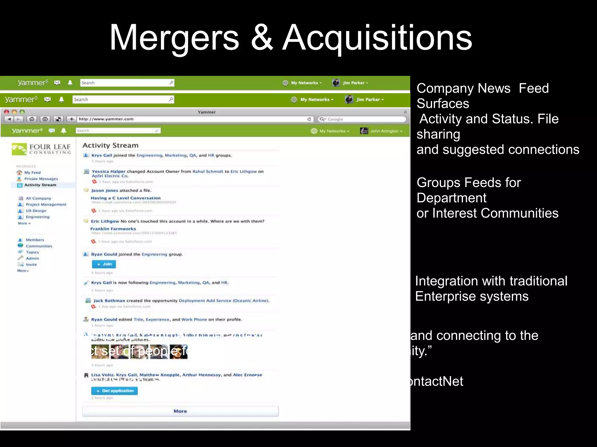 Mergers & Acquisitions
                                                            Company News Feed
                                                            Surfaces
                                                            Activity and Status. File
                                                            sharing
                                                            and suggested connections

                                                            Groups Feeds for
                                                            Department
                                                            or Interest Communities




                                                            Integration with traditional
                                                            Enterprise systems

“We’ve found Yammer to be an excellent tool for identifying and connecting to the
correct set of people for any given project, idea, or opportunity.”

-- Wilbur Swan, Senior Director of Product Management, ContactNet
 