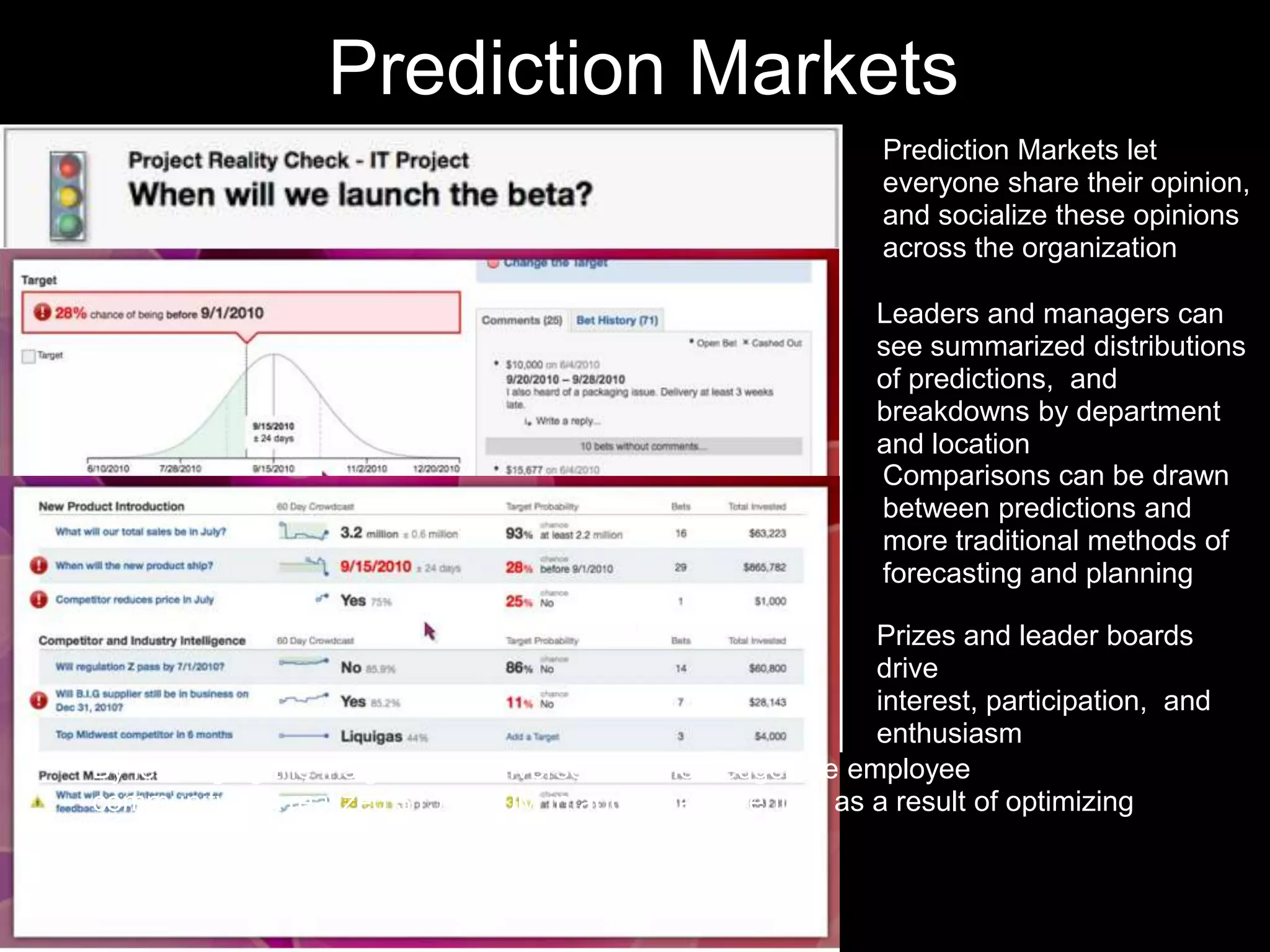 Prediction Markets
                                                               Prediction Markets let
                                                               everyone share their opinion,
                                                               and socialize these opinions
                                                               across the organization

                                                               Leaders and managers can
                                                               see summarized distributions
                                                               of predictions, and
                                                               breakdowns by department
                                                               and location
                                                               Comparisons can be drawn
                                                               between predictions and
                                                               more traditional methods of
                                                               forecasting and planning

                                                              Prizes and leader boards
                                                              drive
                                                              interest, participation, and
                                                              enthusiasm
By leveraging the insights of its diverse and knowledgeable employee
community, EA realized $15 - $20M in additional revenues as a result of optimizing
marketing spend on top quality game.
 