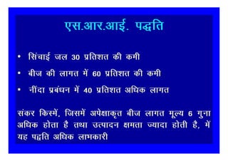 ,l-vkj-vkbZ- i)fr

• flapkbZ ty 30 izfr’kr dh deh
• cht dh ykxr esa 60 izfr’kr dh deh
• uhank izca/ku esa 40 izfr’kr vf/kd ykxr

ladj fdLesa] ftlesa vis{kkd`r cht ykxr ewY; 6 xquk
vf/kd gksrk gS rFkk mRiknu {kerk T;knk gksrh gS] esa
;g i}fr vf/kd ykHkdkjh
 