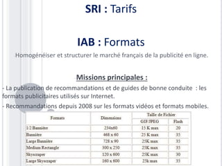 SRI : Tarifs
IAB : Formats
-Homogénéiser et structurer le marché français de la publicité en ligne.
-Missions principales :
- La publication de recommandations et de guides de bonne conduite : les
formats publicitaires utilisés sur Internet.
- Recommandations depuis 2008 sur les formats vidéos et formats mobiles.
 
