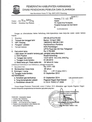 ffillg[.-iil
'W
PEMERI NTAH KABUPATEN KARAWANG
DINAS PENDIDIKAN, PEMUDA DAN OLAHRAGA
JriLlan Surotokurtto Nomor 72 Telp. (026'?) 405215 Karawang
Nomor . BZr.Y,r*?Ol/-vee
Perihel : Keneiken Geji Berkele
Dengan irri diberltahukan bahwa
kepada :
1. Nama
2. Tempat dan tanggal lahir
3. NIP / Karpeg
4. Pangkat / Jabatan
5 Tempat bekerja
5. Gaji pokok lama
a. Oleh Pejabat
b. Tanggal dan nomor
c" Tanggal mulai berlaku
Model E.1
Karawang,2g AUG 2012
Kepada:
Yth. Kepda Dinas Pendapatan,
Pengdda Keuangan dan Aset Daerah
di
KARAWANG
berhubwrg telah dipenuhinya masa kerja dan syarat - syarat lainnya
: SRI SEJATI,S.Pd.SD
: Bantul, lSApril 1962
1962CI418 198109 2 001
: Pembina/Guru Pembina
: SDN Pasirtalaga I
UPTD Paud dan SD Kec.Telagasari
: Rp.2.752.800
: Bupati Karawang
: 14-07-2010 822.4/SK.2896lPeg
: 01-09-2010
:Rp.3.571.100
: 26 tahun
: lVla ( PP 15 tahun 2A12)
: 01 September 2412
( atas ciasar SK terakhir tentang gaii, pangkat yang ditentukan )
d. Masa kerja gol. Fada walctu tsb : 24 tahun 00 bulan
DIRERII(AN I{ENAIILA,N GAJI BERKALA- sehingga merttperoleh :
1 Gaji pokok ban:
8. Berdasarkan masa kerja
I Golongan / ruang
10. Tanggal mulai berlaku
KETERANGAN
a. Kenaikan gaji berikutnya : 01 September 2014 (jikamernenuhrsyarat)
b. Yang bersangkutan adalah : Pegawai Negeri Sipil Daerah
c. Pendidikan sesuai SK : S.1/A.|V PGSD UT 2009
Sesuai tienganPeraturan Pemerintah nomor 15 tahun 2012 diharapkan agar kepada Pegawai Negeri
tersebut dibayarkan penghasilannya berdasarkan gaji pokok yang baru.
DINAS PENDI
DAN
TEMBUSAN . disampaikan kepada
1. lnspeldur Kab. Karawang';
2, Kepaia BKD Kab. Karawang,
3. Kepala UPTD Paud dan SD Kec.Telagasari
4. Pegawai vang bersangkrtan untuk diketahui dan
dipergunakan sebagimana mestinya.
Tk.t
1S8503 1 002
 