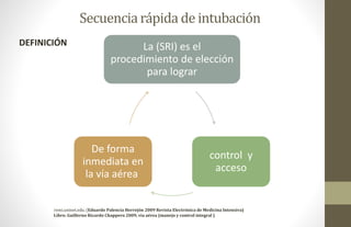 Secuenciarápida de intubación
remi.uninet.edu. (Eduardo Palencia Herrejón 2009 Revista Electrónica de Medicina Intensiva)
Libro: Guillerno Ricardo Chappero 2009, vía aérea (manejo y control integral )
La (SRI) es el
procedimiento de elección
para lograr
control y
acceso
De forma
inmediata en
la vía aérea
DEFINICIÓN
 